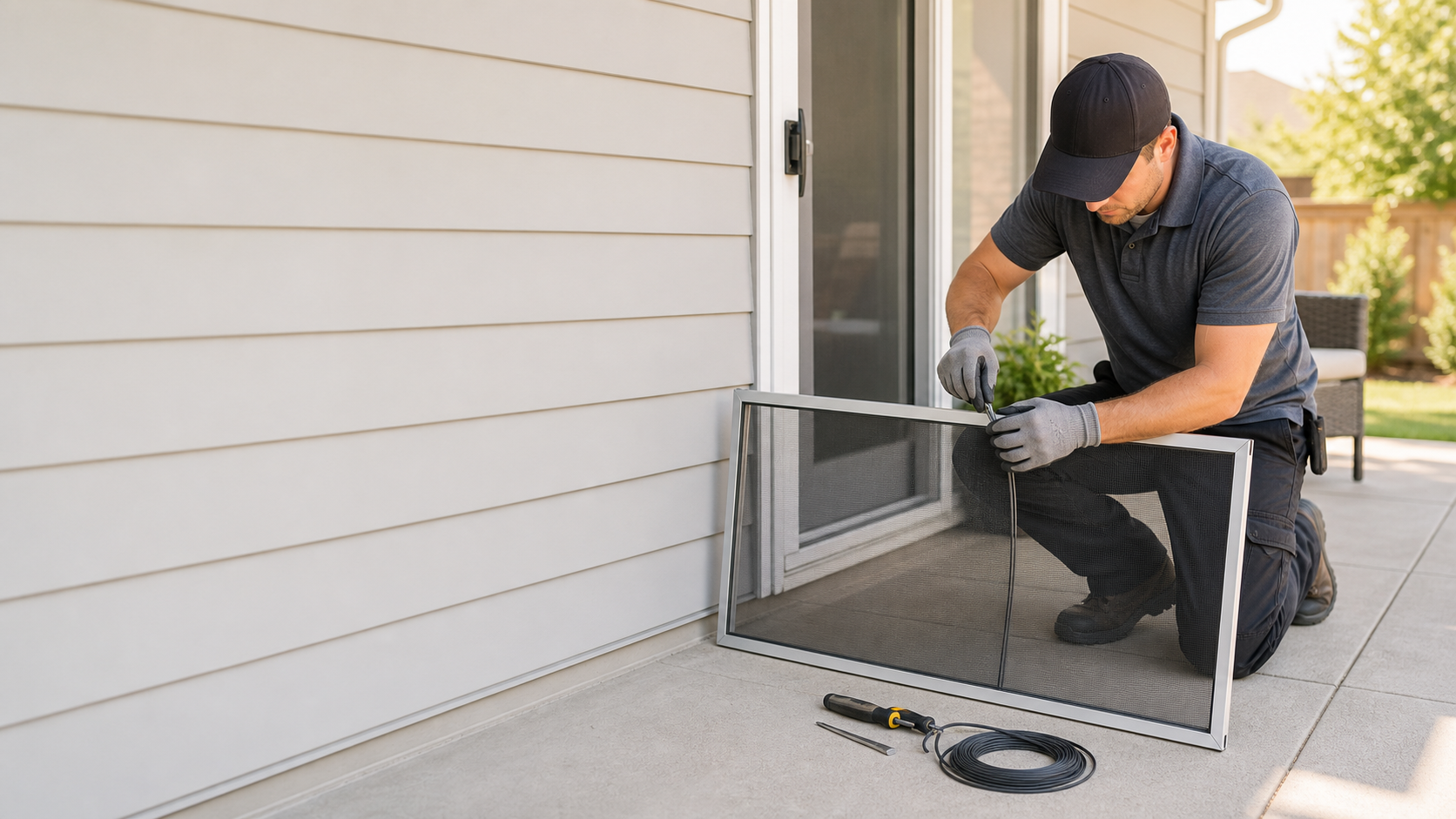 Technician repairing a window screen frame at a Denver-area home